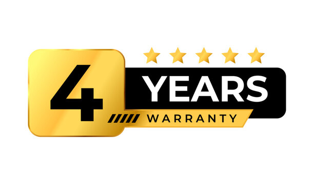 Golden 4 years warranty badge Logo. Premium luxury warranty gold label. Perfect for icon, sticker, sign, symbol, seal, banner, emblem, stamp, tag, award, button, insignia. Vector Illustration