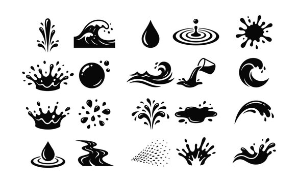Collection of black water droplet and wave silhouettes against a white background aquatic cascade current element fluid flow form freshwater hydrology icon liquid marine motion