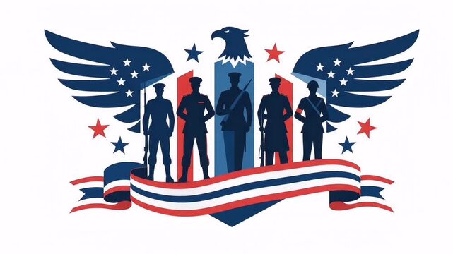 A solemn patriotic emblem featuring military silhouettes for Veterans Day set against a white background.