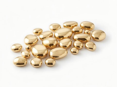 Shiny gold metallic liquid drops or mercury beads scattered on a flat surface
