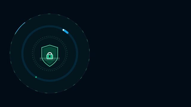 corporate cybersecurity background featuring a glowing digital shield, animated firewall data rings, and a pristine dark copy space on the right.