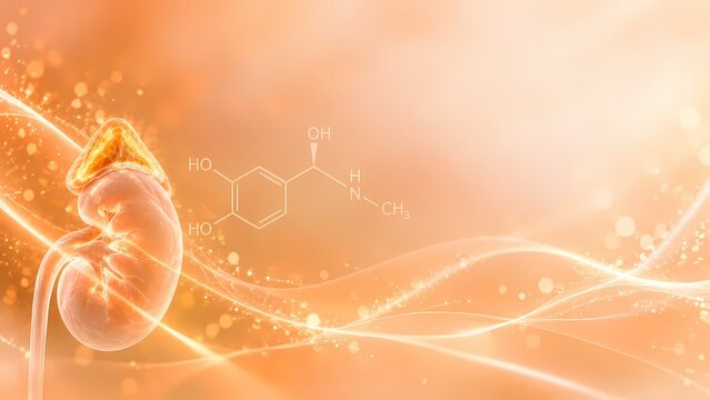 Translucent kidney and adrenal gland with a faint epinephrine molecular structure on a warm pastel orange medical endocrine background.