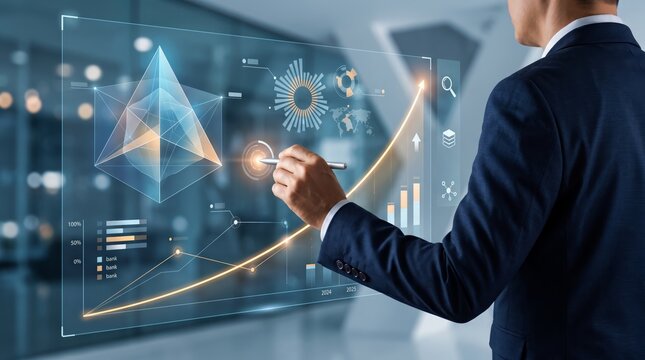 Businessman interacting with transparent holographic chart and graph, analyzing growth trends and financial data using futuristic touch screen interface in high tech corporate