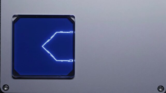 Optical quartz semiconductor photomask with deep blue photoresist layer and glowing nanometer circuit line on dark background with ample negative copy space