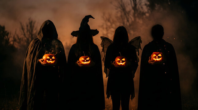 Four people in halloween costumes holding glowing jack o lanterns in dark forest
