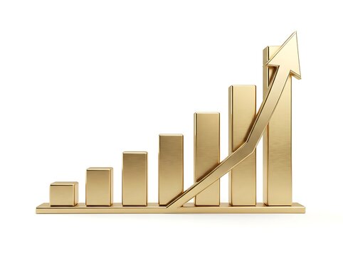Golden bar chart with an upward pointing arrow representing financial growth and business success