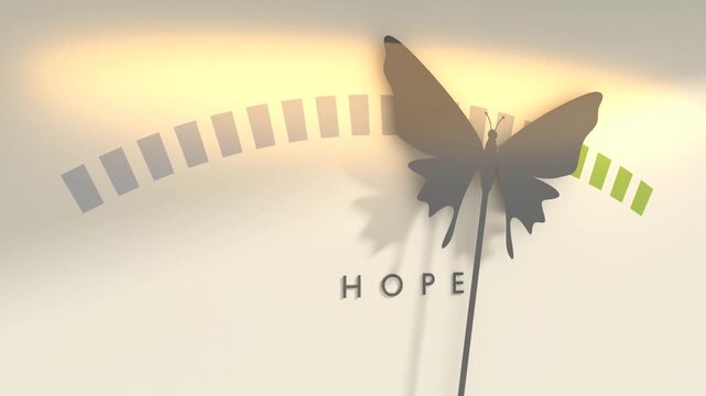 A gauge meter features a scale and a butterfly icon on the needle. The label hope symbolizes optimism and transformation.
