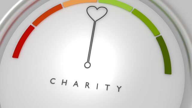 A gauge meter features a scale and a heart icon on the needle. The label charity symbolizes generosity and giving.
