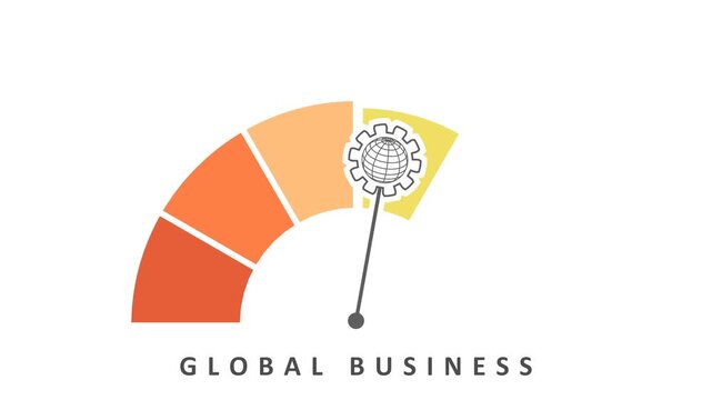 A gauge meter features a scale and a gear globe icon on the needle. The label global business symbolizes international trade.
