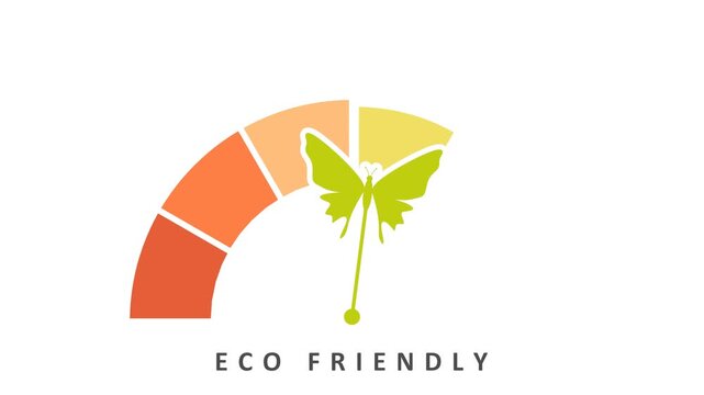 A dial scale with a butterfly pointer reads ECO FRIENDLY in a high zone. It presents nature, ecology, wildlife, sustainability, organic living, clean environment, health and harmony.