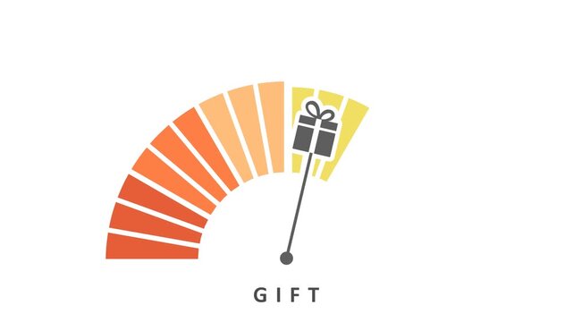 A tick dial scale with a gift box pointer reads GIFT in a high zone. It presents presents, wrapping, ribbon, birthday, holiday, party, surprise, joy, happiness, generosity and sharing.