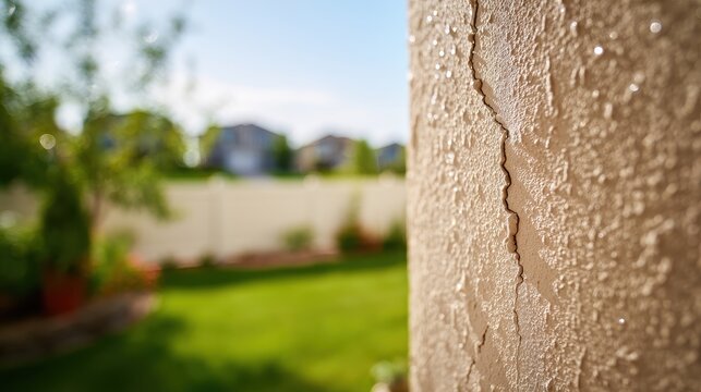 A close-up view of a large crack in an exterior stucco wall of a residential house. Real estate concept for home maintenance and property repair issues.