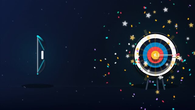Animated Bow Shooting Arrow Hitting Bullseye Target with Confetti Celebration