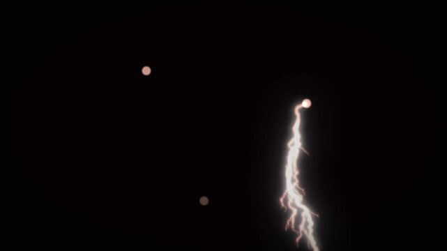 Electric lightning strikes in dark sky during storm with glowing particles