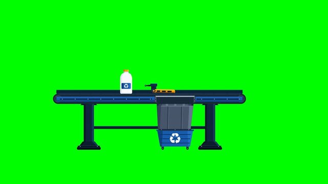 Waste Sorting Conveyor Diverting Recyclable Material Seamless Green Screen Vector Animation 4K 60FPS