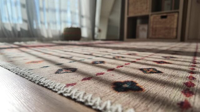 Sunlight falls across a patterned rug in a living room