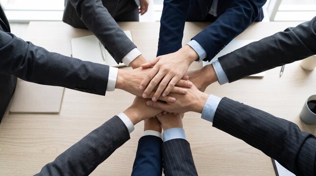 Diverse business team stacking hands together in unity, symbolizing corporate cooperation, collaboration, partnership, and successful teamwork strategy for company growth.