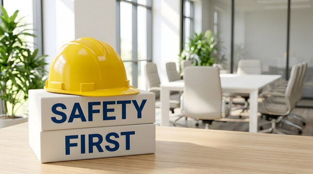 A bright yellow hard hat resting on top of a stacked pair of white rectangular blocks featuring blue safety first text, placed on a light brown wooden table inside a bright modern conference room