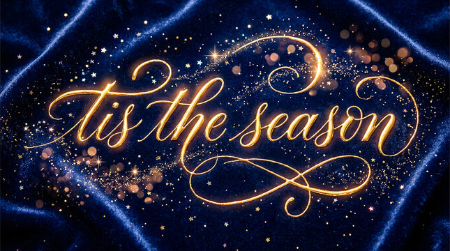 elegant calligraphy spelling out tis the season written in glowing liquid gold across a dark blue velvet background sprinkled with tiny glowing stars and beautiful shiny glitter
