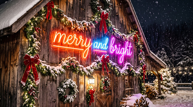 bold bright neon signage spelling merry and bright glowing brightly on a rustic wooden barn wall wrapped in thick green garland and soft red velvet ribbons during a snowy night