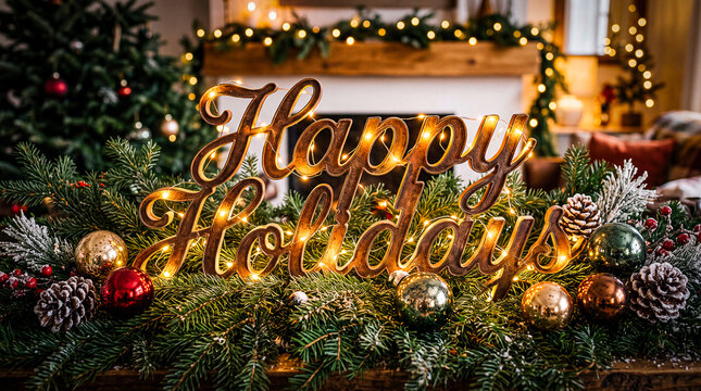 vintage typography spelling out happy holidays wrapped in glowing warm string lights resting on dark green fir branches alongside shiny metallic glass ornaments and pinecones