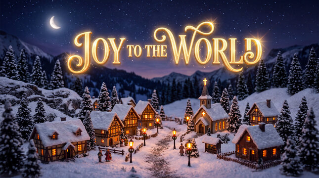golden glowing typography saying joy to the world floating above a tiny miniature village covered in fresh white snowflakes with tiny streetlamps illuminating the quiet evening