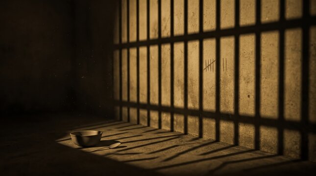 Dark prison cell interior with barred window casting shadows, solitary confinement atmosphere conveying punishment, incarceration