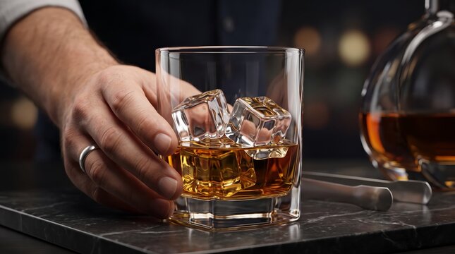 Hand holding a glass of amber whiskey with ice cubes on dark marble bar top, close-up of premium alcohol drink, bartender serving beverage