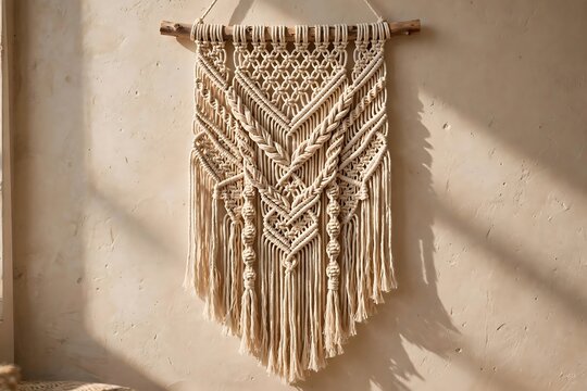 Handmade Macrame Wall Hanging Decoration on a Textured Beige Wall with Natural Light.