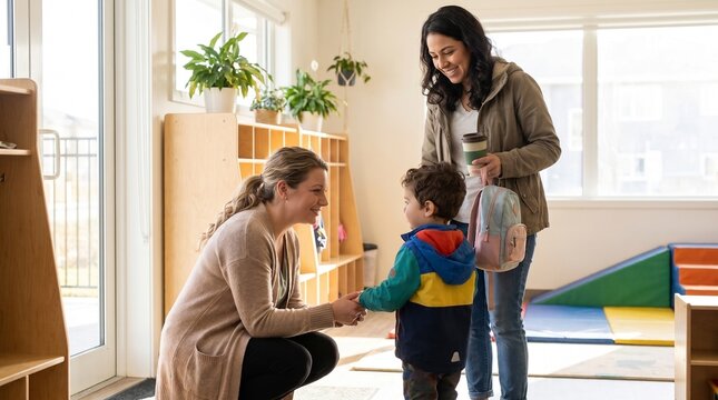 Mother dropping off her young son at preschool where a friendly female teacher greets him warmly inside a bright modern classroom filled with daylight and educational toys