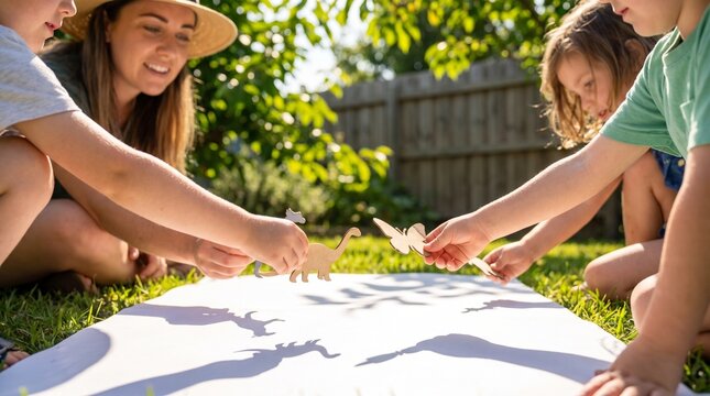 Happy mother and young children playing outdoors in backyard on sunny day, casting cute wooden animal shadow puppets onto a large white paper sheet laid on green grass, family activity and fun