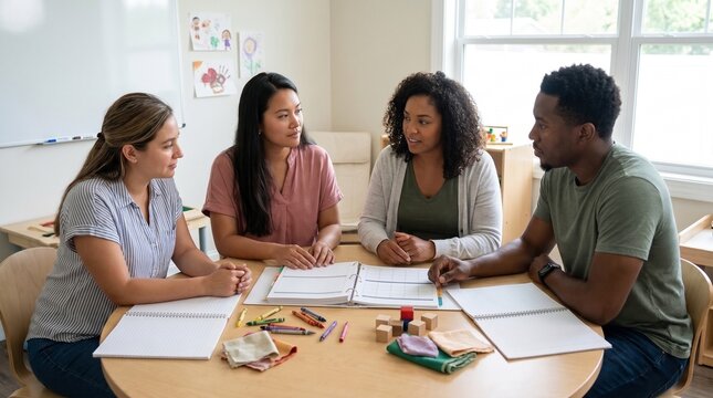 Diverse group of four teachers sitting around a round wooden table in a bright classroom collaborating, reviewing lesson plans in binders and notebooks, discussing educational strategies together