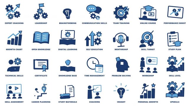 Animated business education and coaching skill icons on transparent background