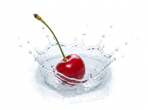 Ripe red cherry falling into clear water creating a dynamic splash with droplets