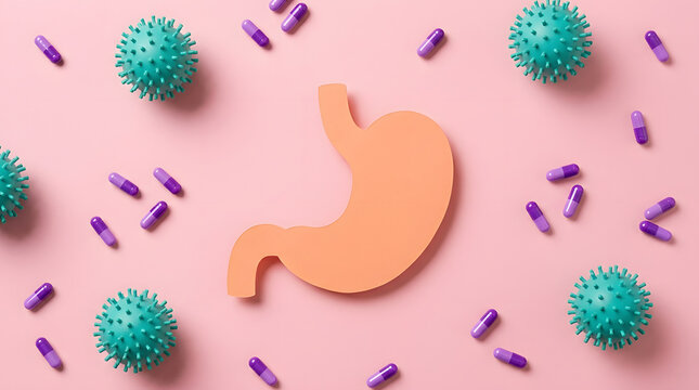 A flat lay medical illustration featuring a human stomach surrounded by 3D virus spheres and purple capsule pills on a soft pink background representing digestive health and pathogen defense