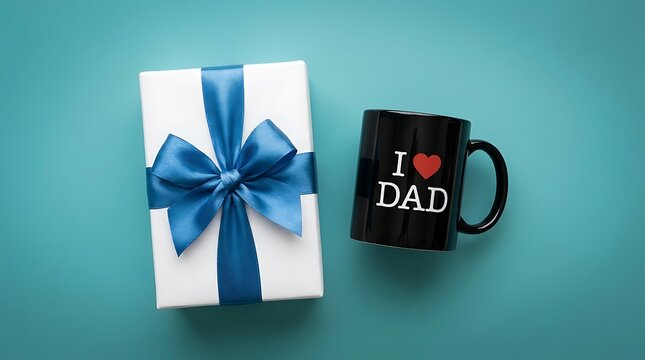 Gift box with blue ribbon next to mug displaying love for dad message on light teal background