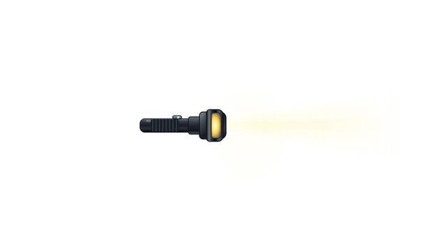 A black flashlight emitting a bright yellow beam of light horizontally on a clean white background.