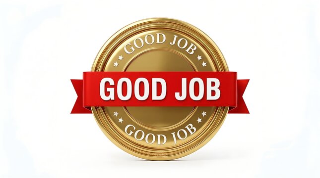 Golden award badge with red ribbon celebrating good job achievement and success recognition