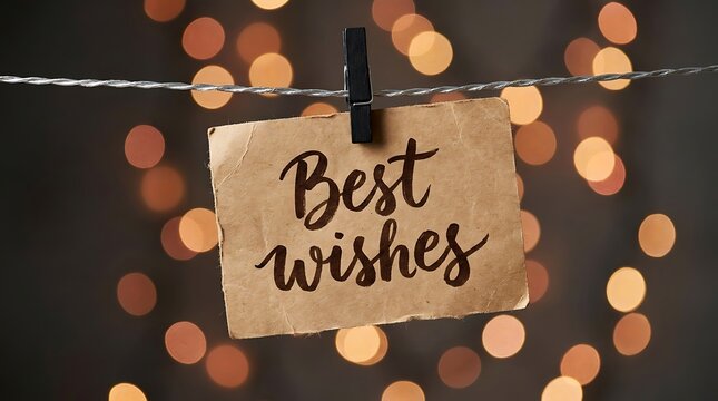 Handwritten Best Wishes Sign Hanging On Clothesline With Festive Bokeh Lights Background