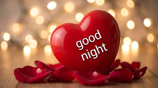 Red heart with good night message surrounded by rose petals under warm fairy lights