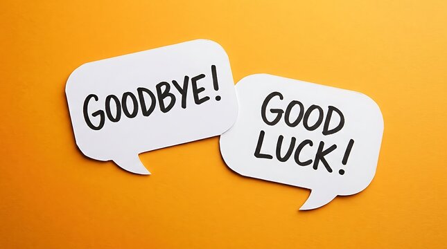 Two speech bubbles with goodbye and good luck messages on bright orange background for motivational or farewell designs