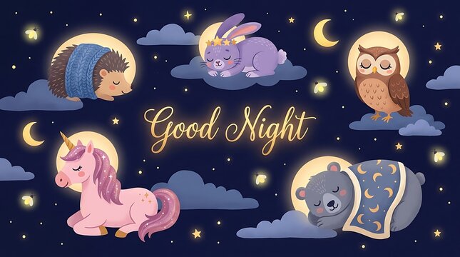 Whimsical cartoon animals sleeping peacefully under stars and moon for good night wishes illustration
