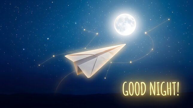 Whimsical Paper Airplane Flying Under Bright Moonlight Night Sky Good Night Wishing Scene