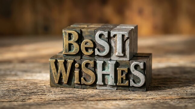 Vintage Metal Letterpress Blocks Spelling Out Best Wishes On Rustic Wooden Surface For Greeting Cards