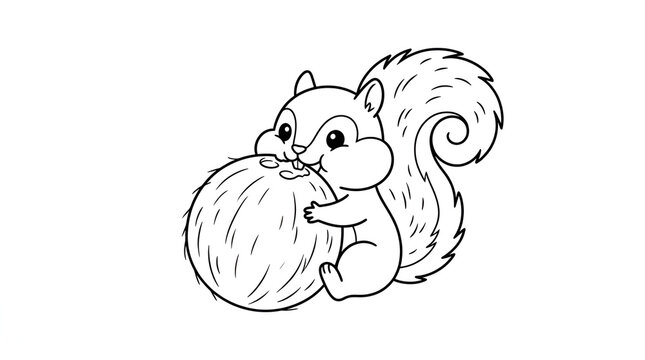 Cute adorable squirrel chipmunk big round eyes thick curly fluffy furry tail biting eating big round hairy coconut, chubby cheeks small teeth, black line cartoon outline vector illustration on clean p