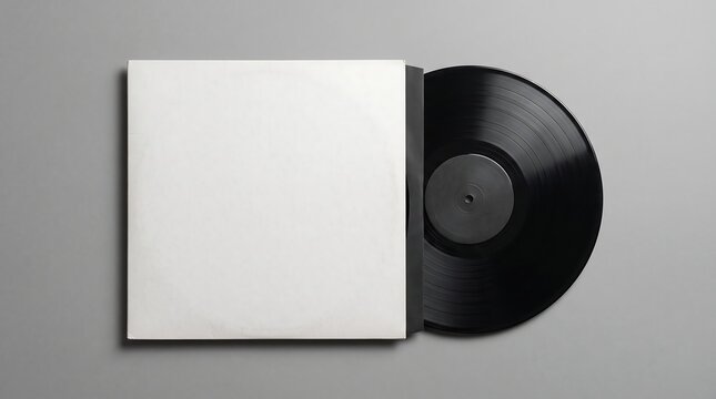 Black vinyl record emerging from a plain white paper sleeve on a neutral grey background