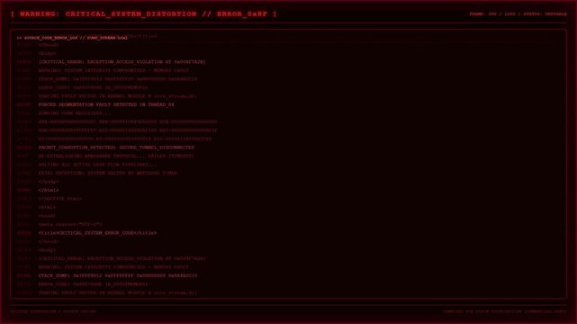 Red Critical System Distortion Error Screen With Fault Trace And Glitch Source Code.