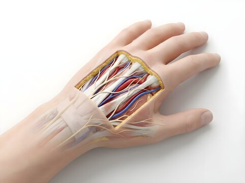 3D Medical Illustration of Human Hand and Wrist Anatomy Highlighting Tendons, Blood Vessels, and Carpal Tunnel Structure