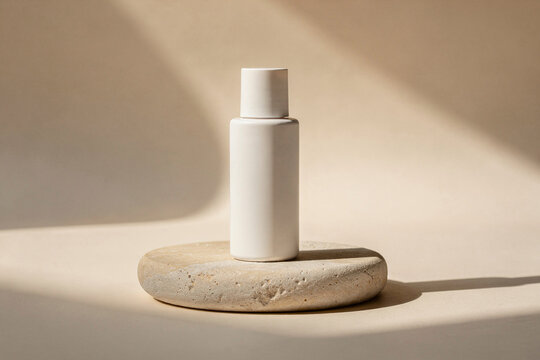 Minimal skincare product mockup. blank cosmetic bottle on a neutral stone pedestal with natural sunlight, soft shadows, and generous copy space for branding.