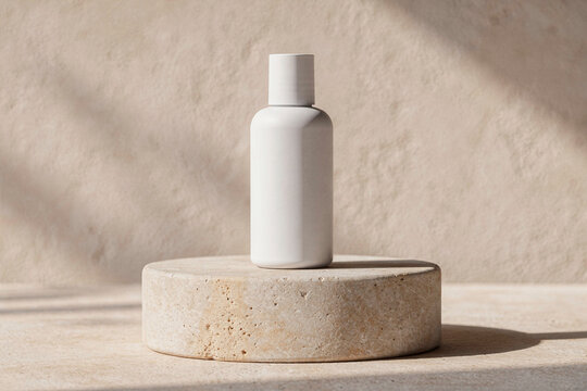 Minimal skincare product mockup. blank cosmetic bottle on a neutral stone pedestal with natural sunlight, soft shadows, and generous copy space for branding.